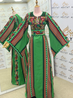 Vibrant Green Palestinian Thobe – Embroidered Tatreez Maxi Dress