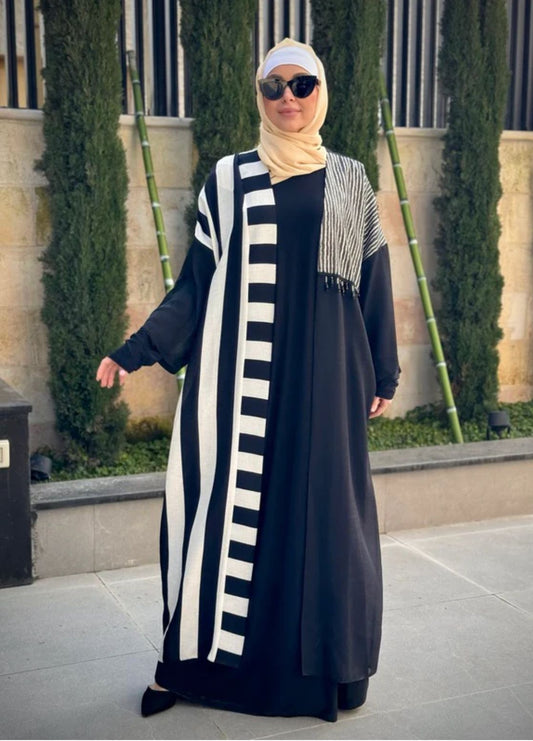 Two Piece Black & White Cardigan Abaya