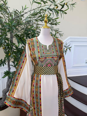Olive Heritage: Off White Embroidered Tatreez Sabal Kharaz Thobe