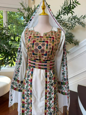 White Beaded Embroidery Thobe