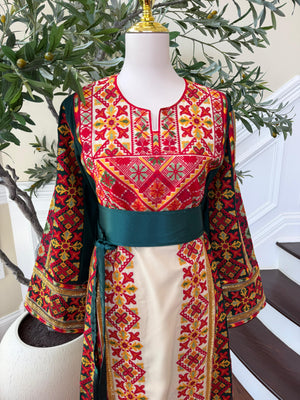 Cream Embroidery Tatreez Green Sabal Kharaz Thobe
