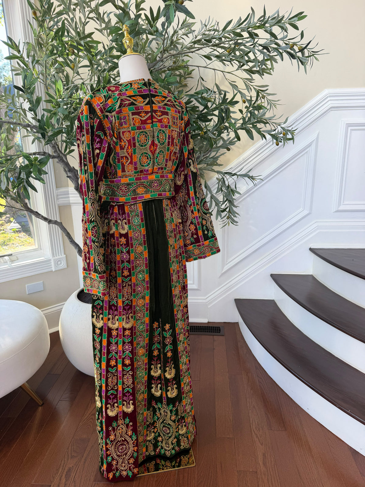 Elegant Black Velvet Thobe with Vibrant Multicolor Traditional Embroidery(scarf not included)