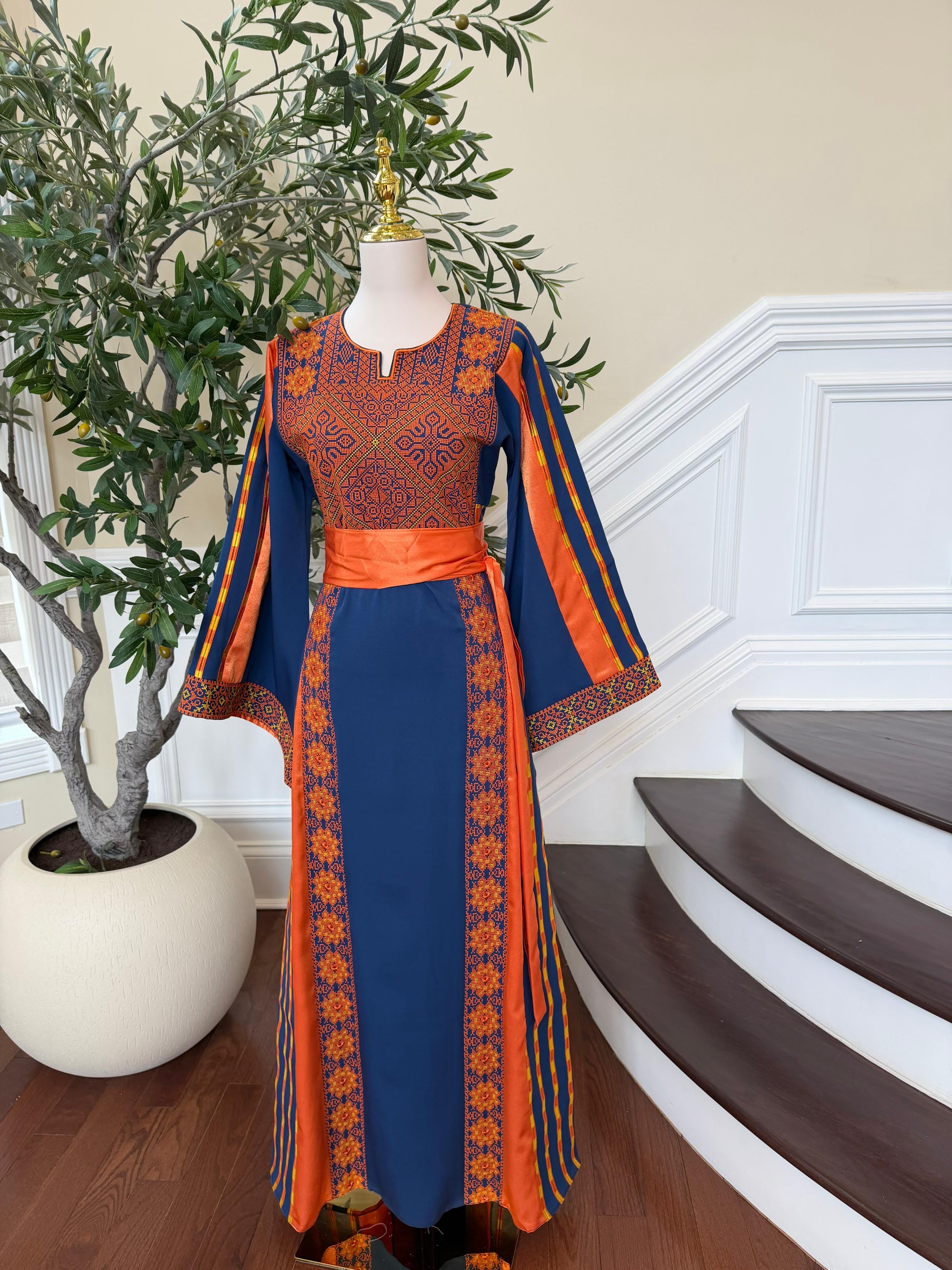Navy Blue Embroidery Tatreez Orange Thobe