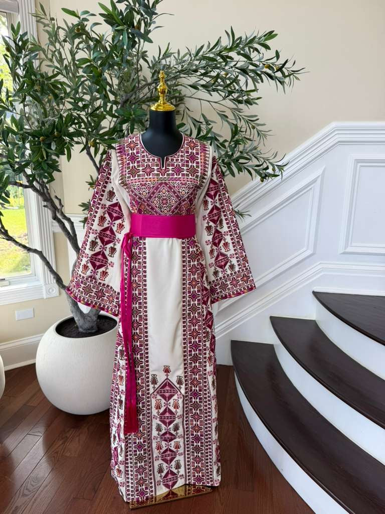 White Embroidery Tatreez Pink Thobe