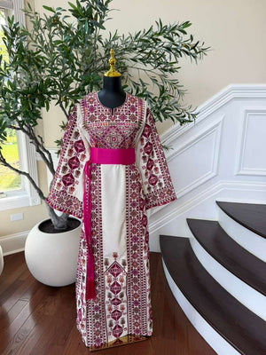 White Embroidery Tatreez Pink Thobe