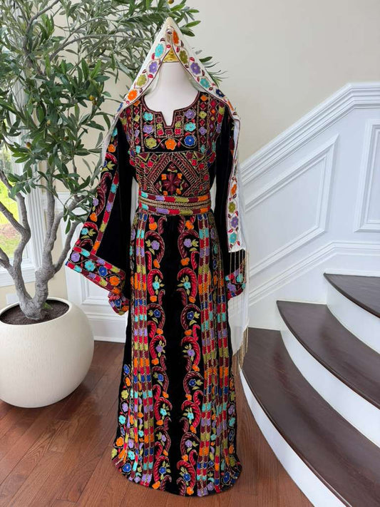 Luxury Bridal Palestinian Thobe with Embroidery Tatreez, Hand Beading & Detachable Overskirt on Rich Velvet Fabric