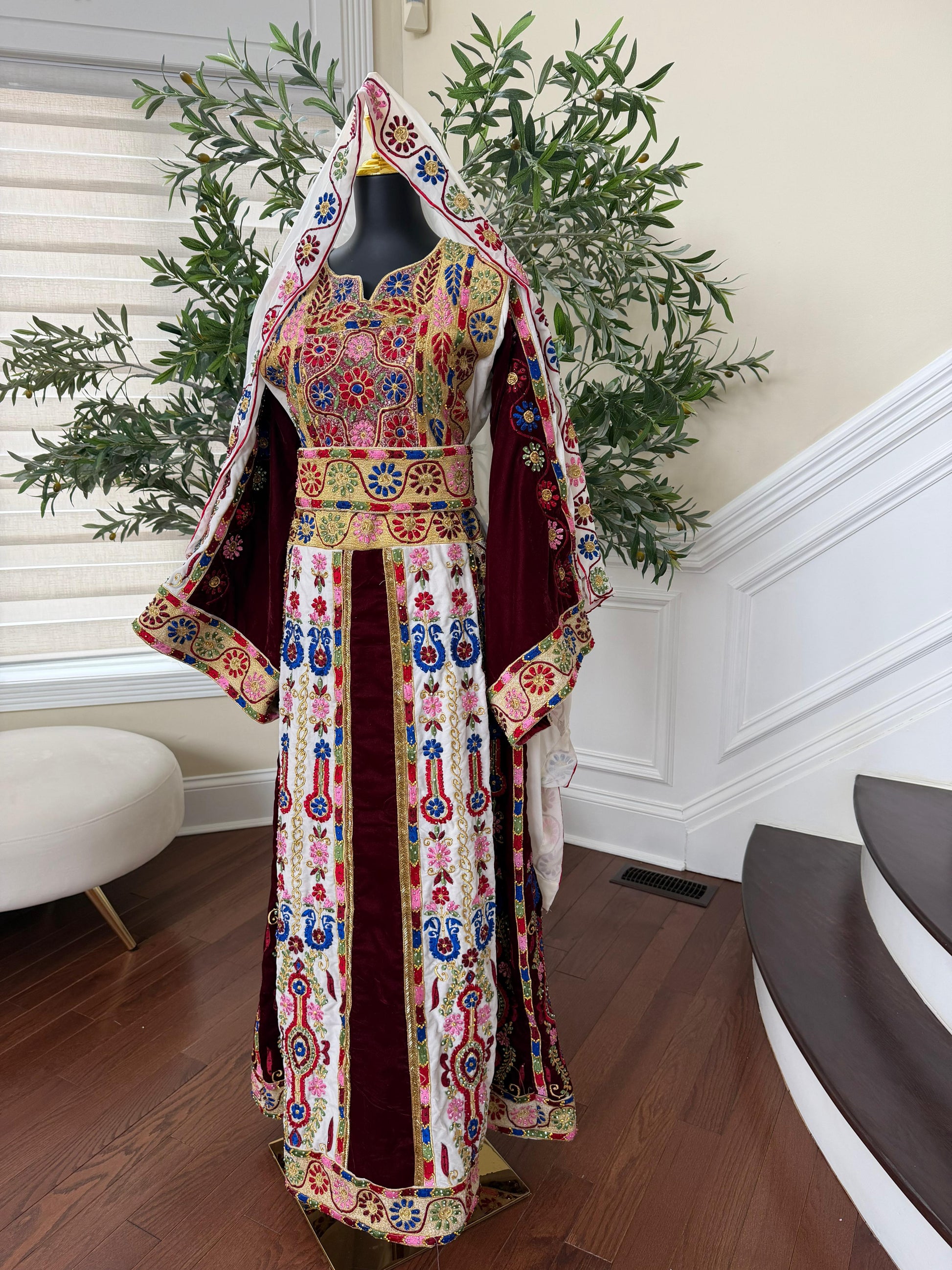 Velvet Maroon and White Traditional Tatreez Sabal Kharaz Detail Thobe