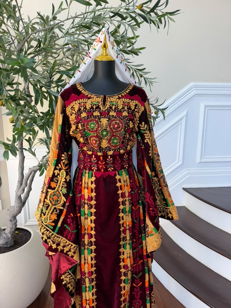 Burgundy Velvet Embroidery Tatreez Thobe