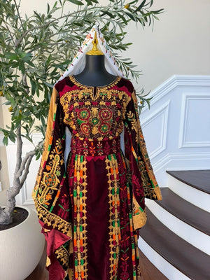 Burgundy Velvet Embroidery Tatreez Thobe