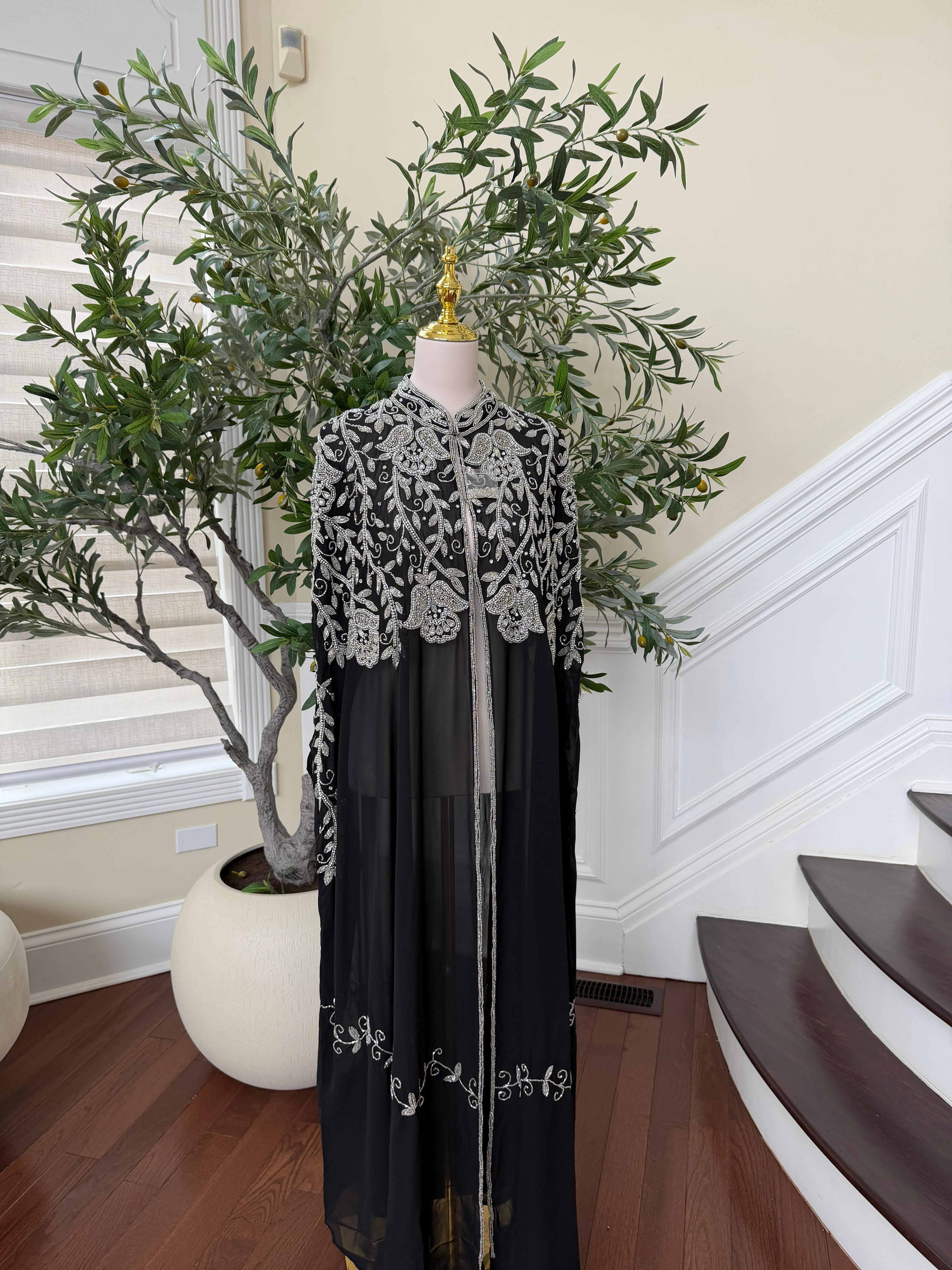 Silver Floral Black Cardigan Abaya