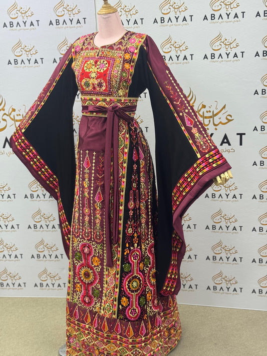 Burgundy & Gold Palestinian Embroidery Thobe – Floral Heritage Design