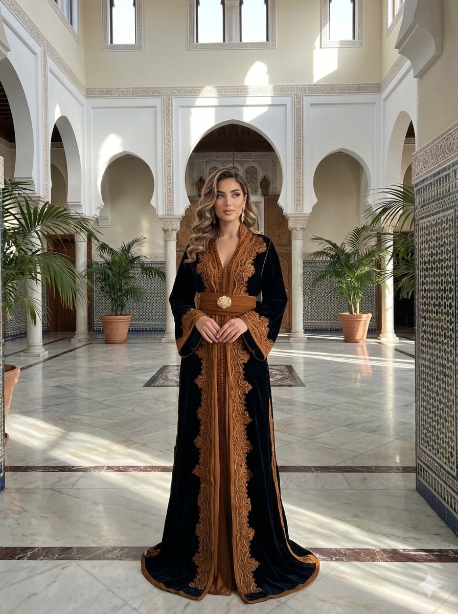 Forest Emerald Green Whisper Velvet Kuftan Brown Embroidery