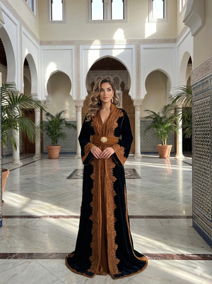 Forest Emerald Green Whisper Velvet Kuftan Brown Embroidery