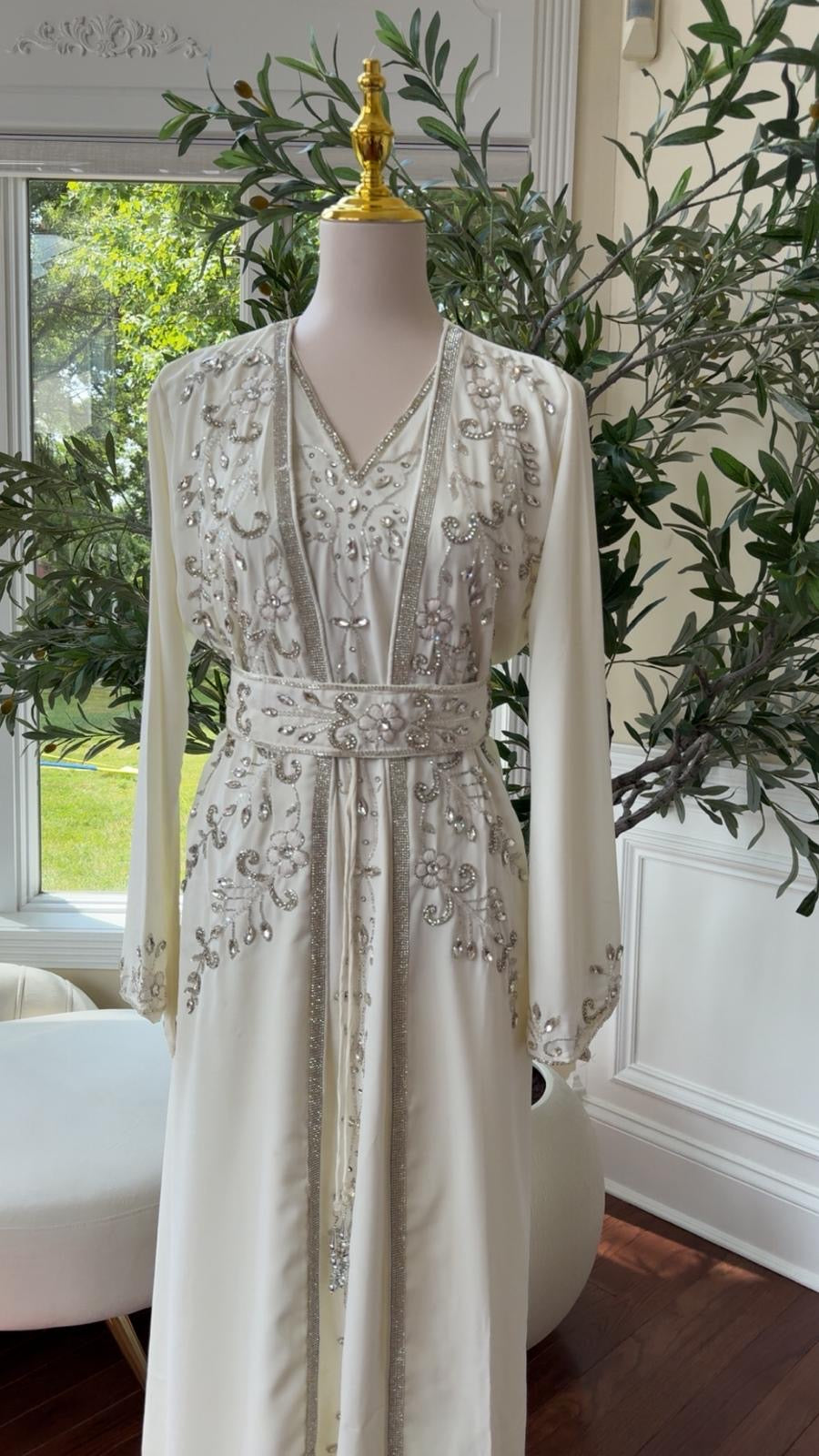 Floral White Beaded Kuftan