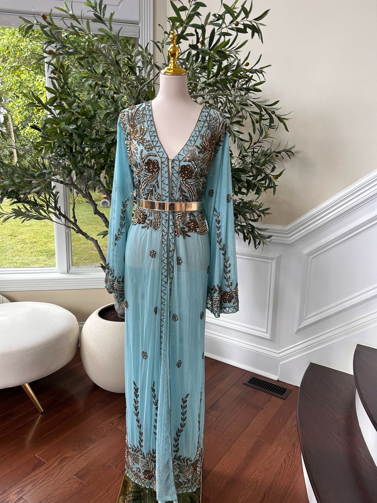 Mint Blue Golden Charm Cardigan Abaya