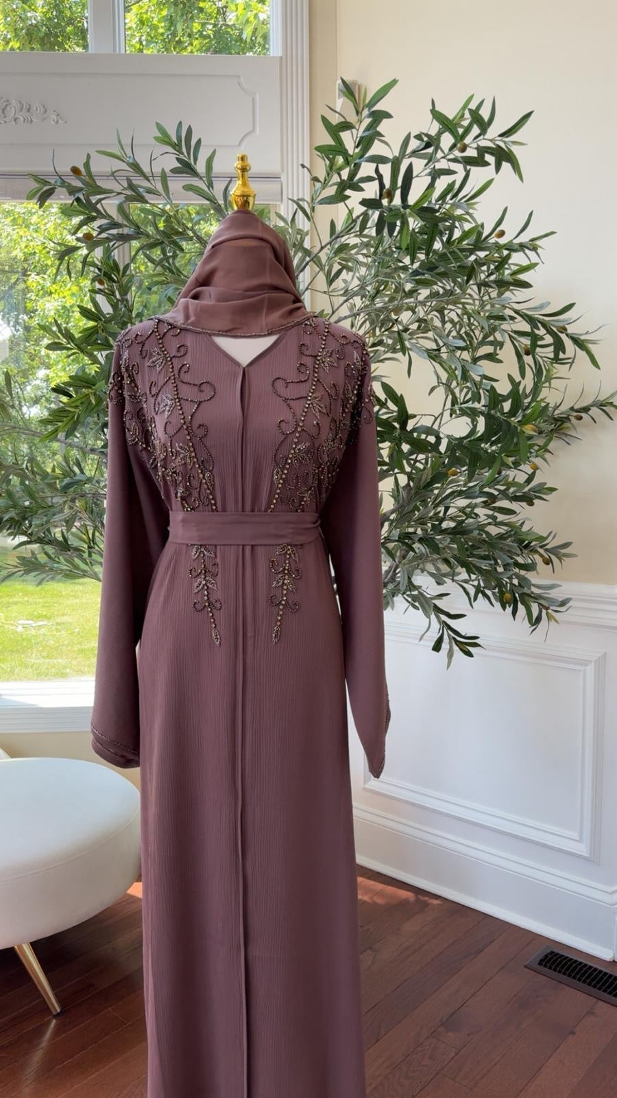 Rose Muave Beaded Abaya