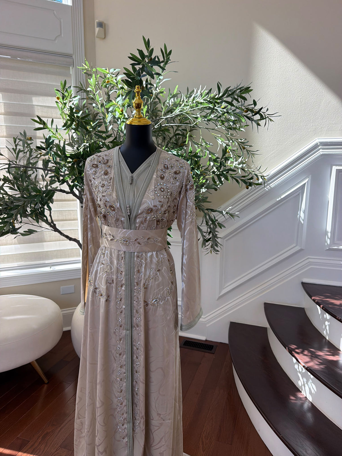 Elegant Champagne Beige Embroidered Moroccan Kaftan