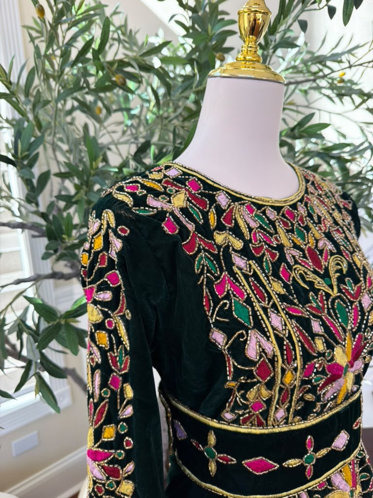 Elegant Black Palestinian Thobe with Colorful Floral Embroidery and Detachable Shoulder Cape (scarf not included)