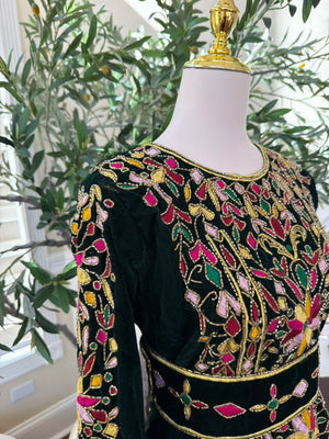 Elegant Black Palestinian Thobe with Colorful Floral Embroidery and Detachable Shoulder Cape (scarf not included)