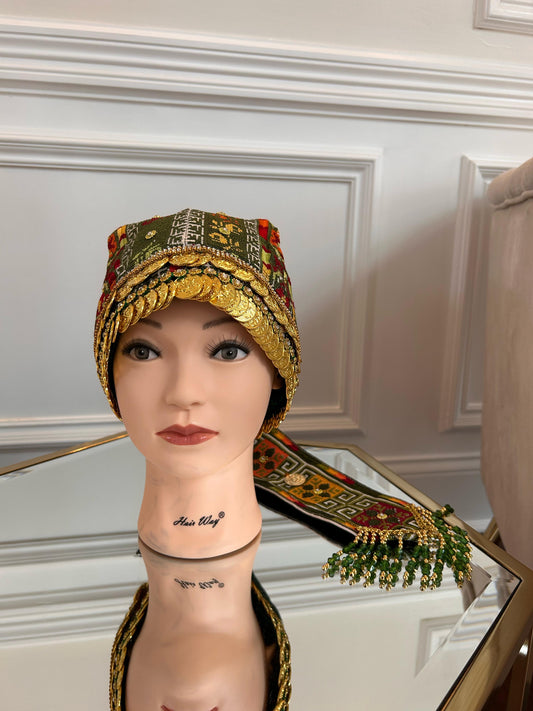 Olive Green Traditional Tatreez Coin Head Piece