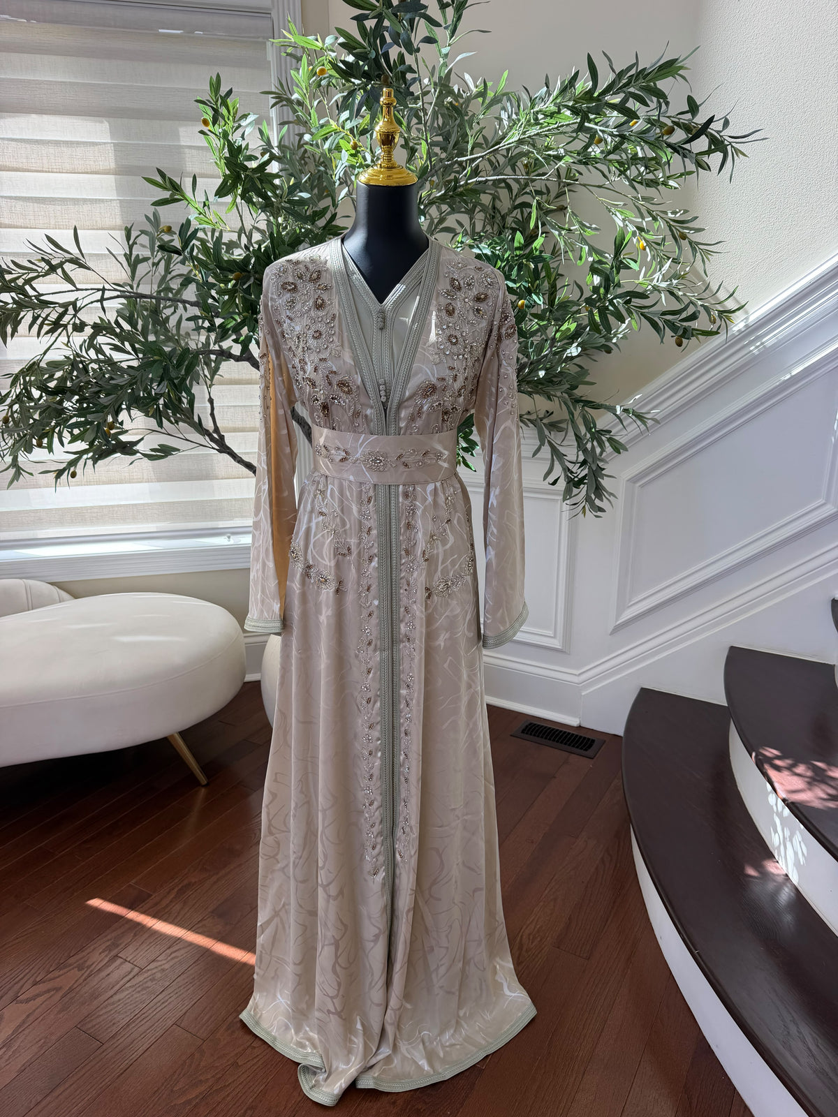 Elegant Champagne Beige Embroidered Moroccan Kaftan