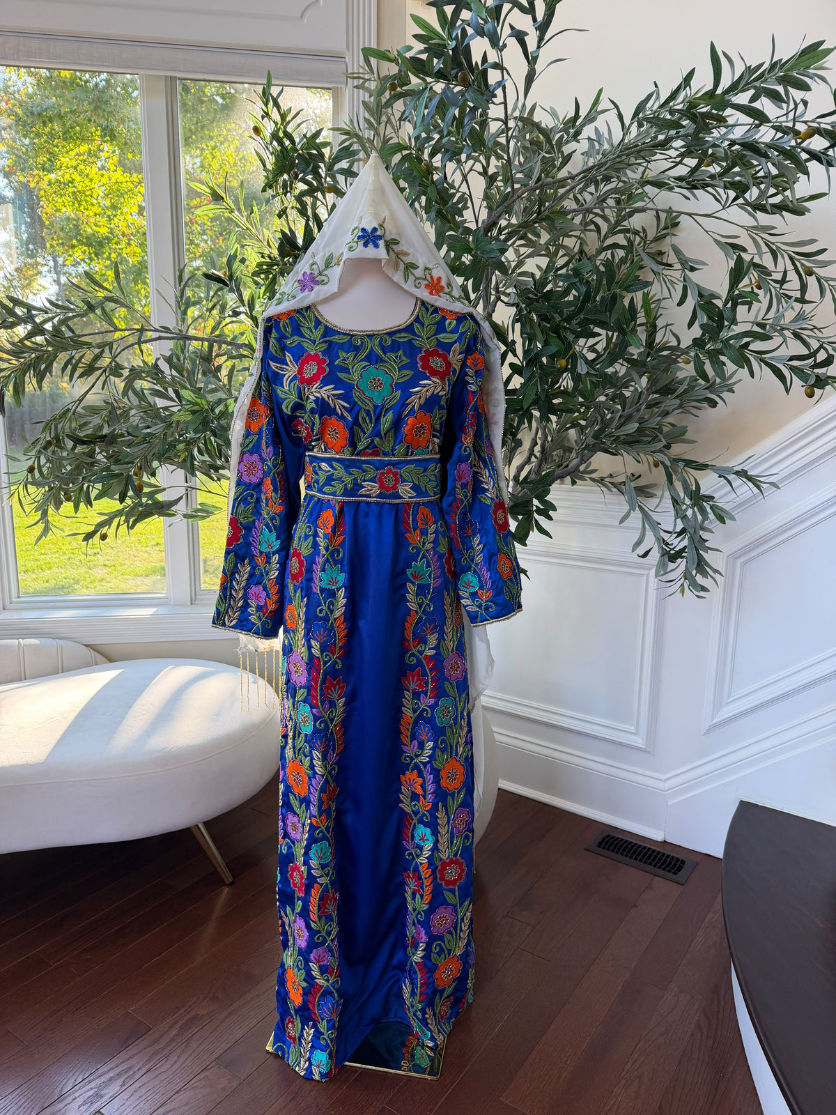 Elegant Royal Blue Floral Embroidered Palestinian Stone Thobe (scarf not included)