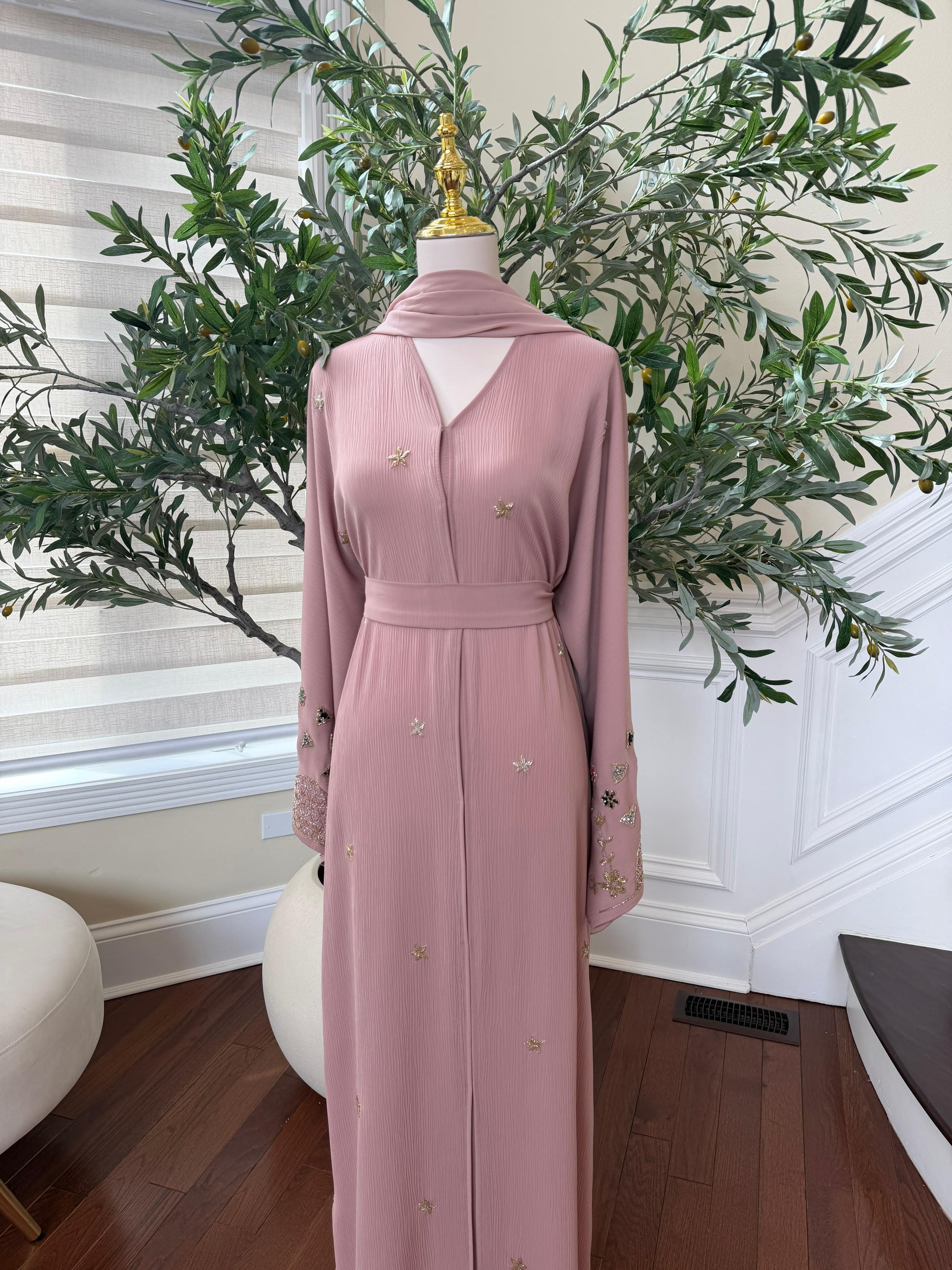 Rose Blush Floral Sleeve Beaded Abaya