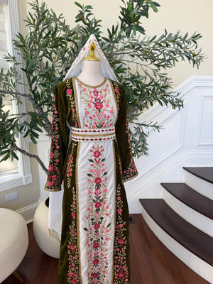 Elegant Olive Green Velvet Thobe with Pink Floral Embroidery(scarf not included)