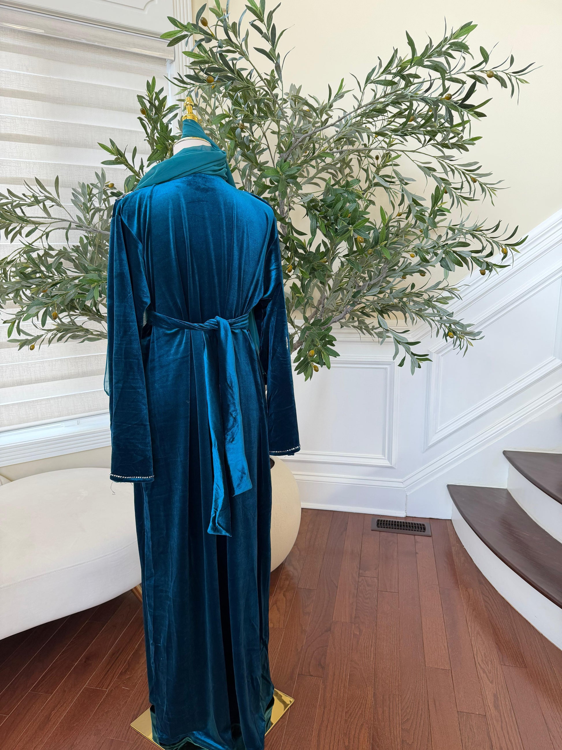 Turquoise Crystal Velvet Design Elegance Abaya