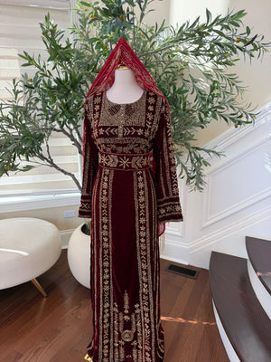 Elegant Burgundy Velvet Palestinian Thobe with Intricate Gold Embroidery( scarf not included)