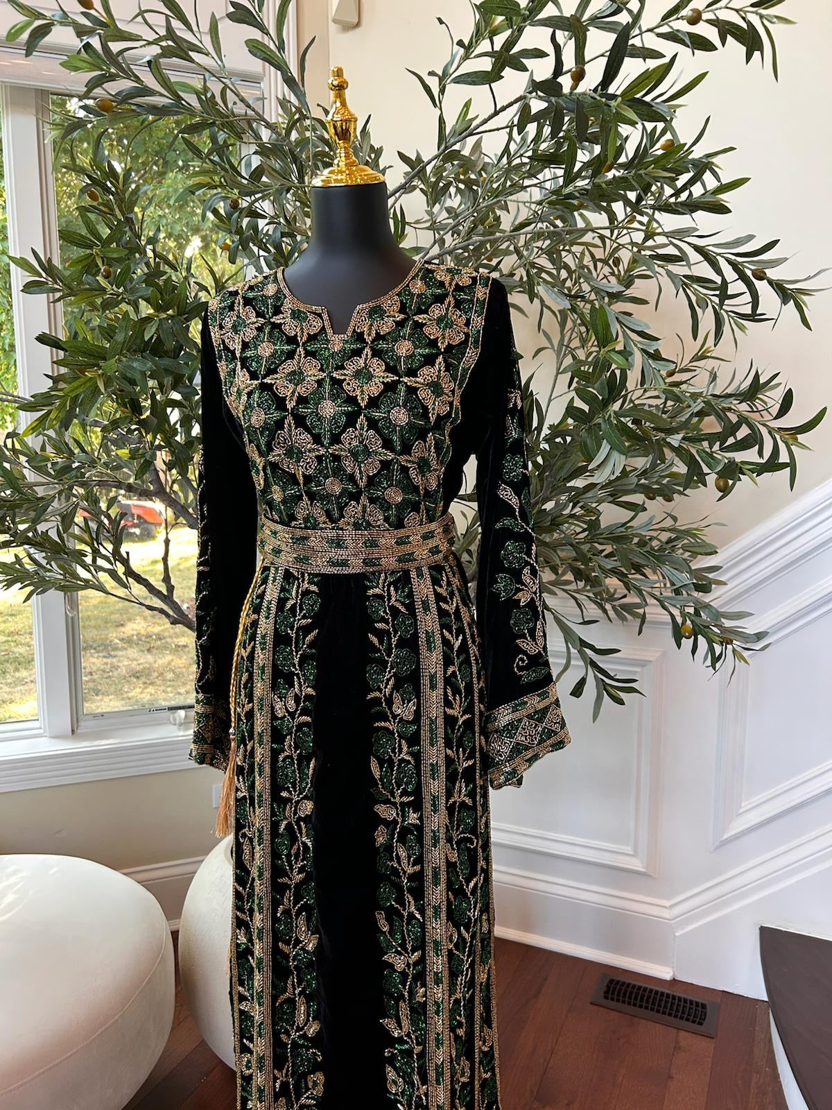 Black Velvet Golden Green Stone Thobe