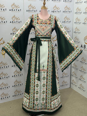 Emerald Green Palestinian Thobe – Mixed Fabric with Traditional Tatreez