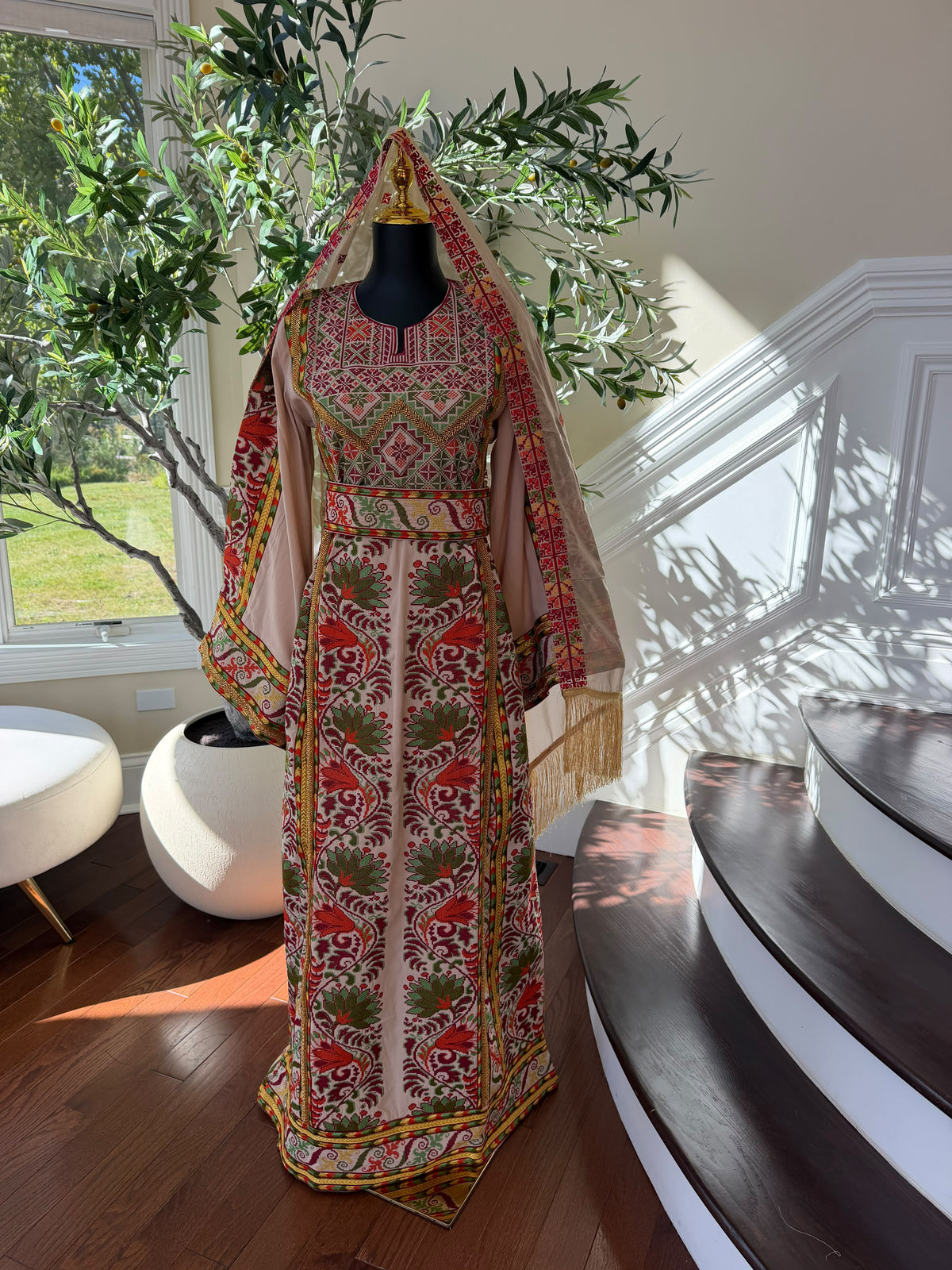 Elegant Cream Palestinian Embroidered Thobe with Traditional Red & Green Detailing (scarf not included)
