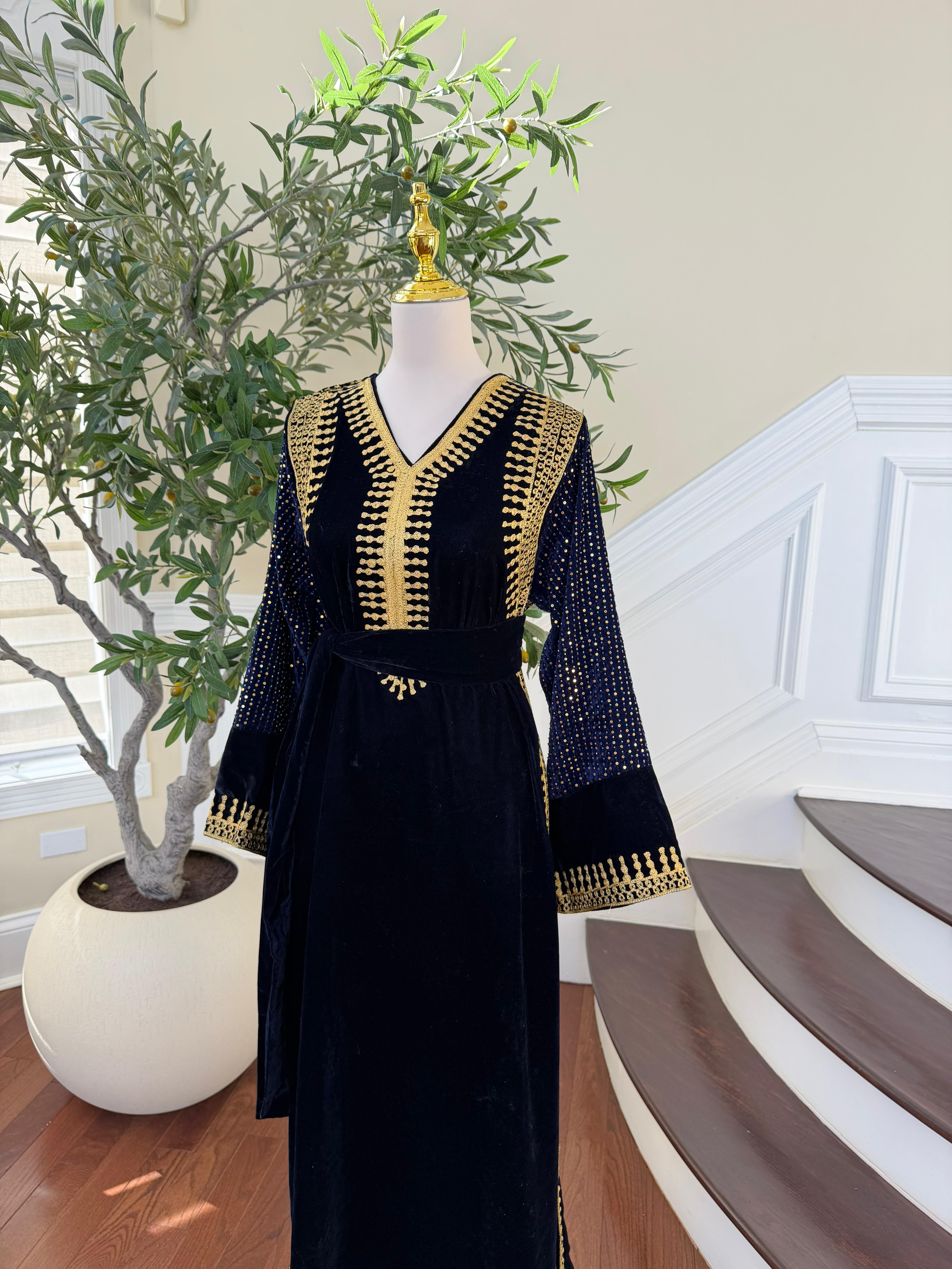 Navy Blue Velvet Celestial Gold Dress