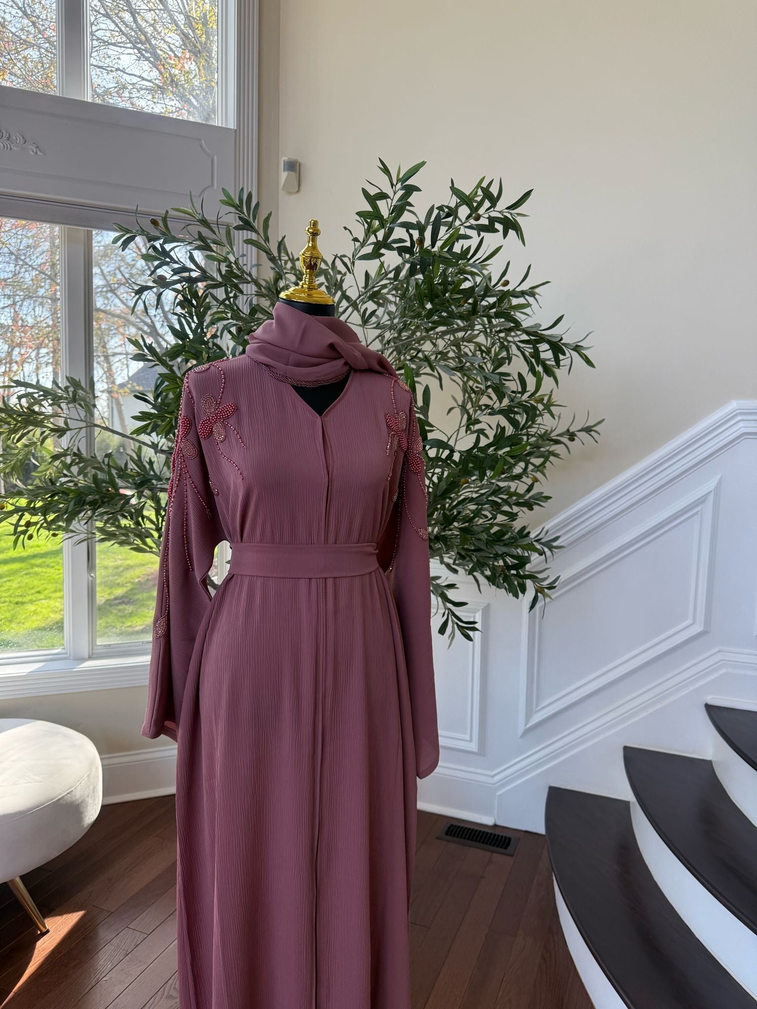 Rose Pink Beaded Abaya