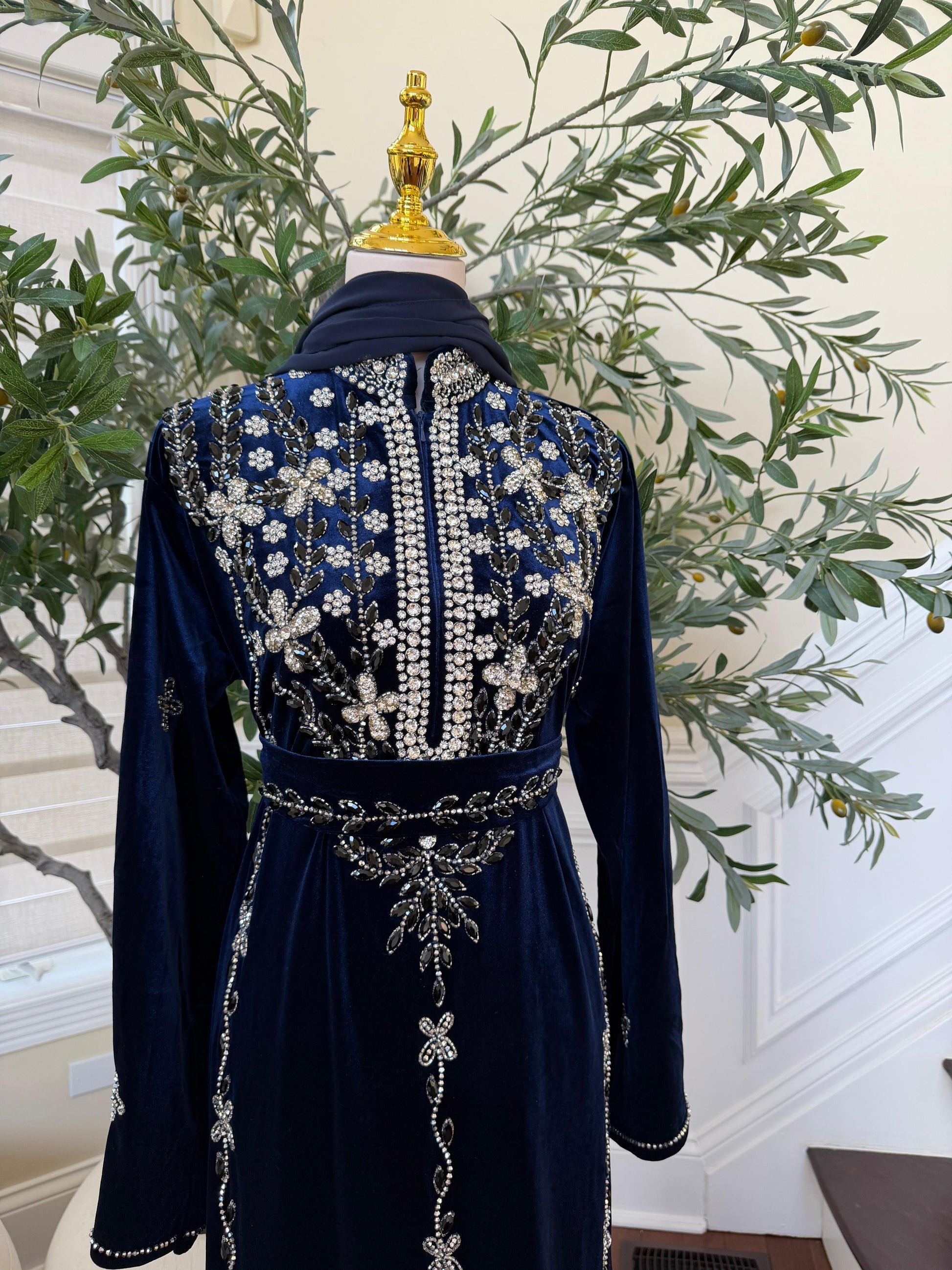 Navy Blue Velvet Beaded Stone Charm Abaya