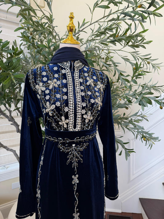 Navy Blue Velvet Beaded Stone Charm Abaya