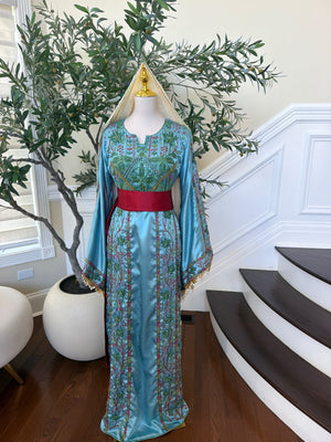 Elegant Sky Blue Satin Thobe with Intricate Green and Pink Floral Embroidery, Burgundy Belt(scarf not included)