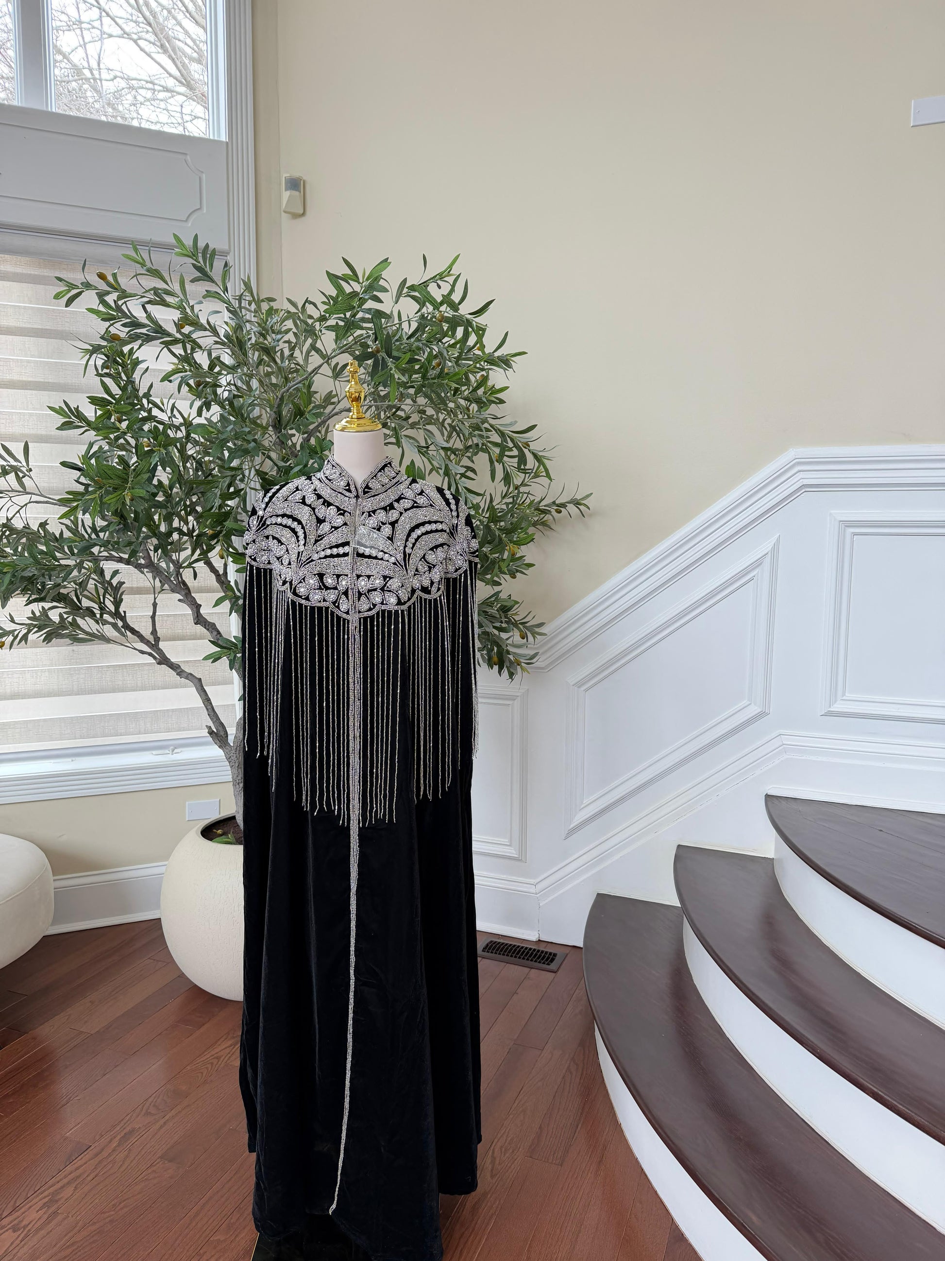 Velvet Black Beaded Stone Cardigan Abaya