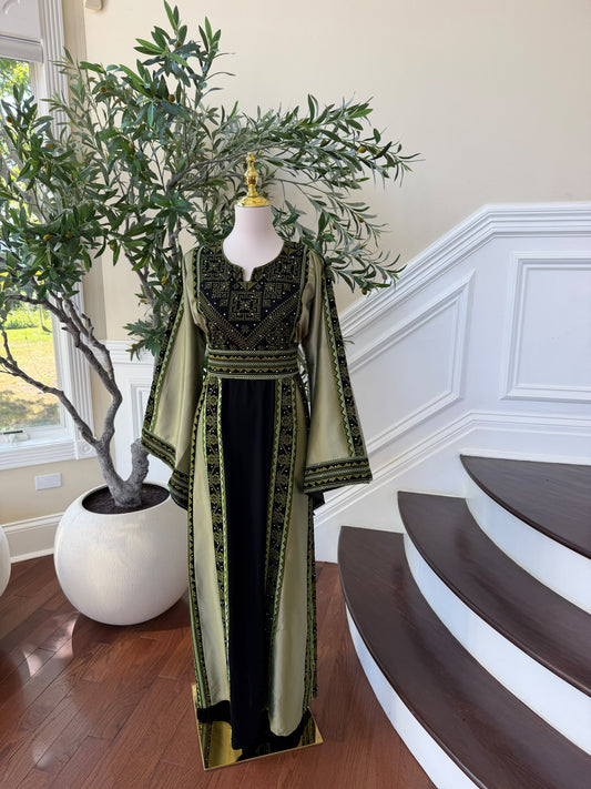 Black And Green satin embroidery tatreez thobe