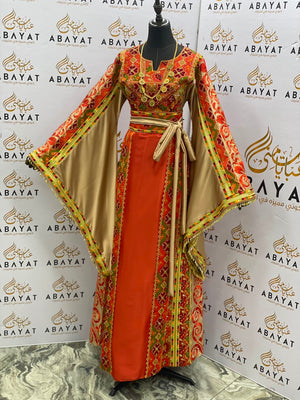 Rust Orange & Gold Palestinian Embroidered Thobe
