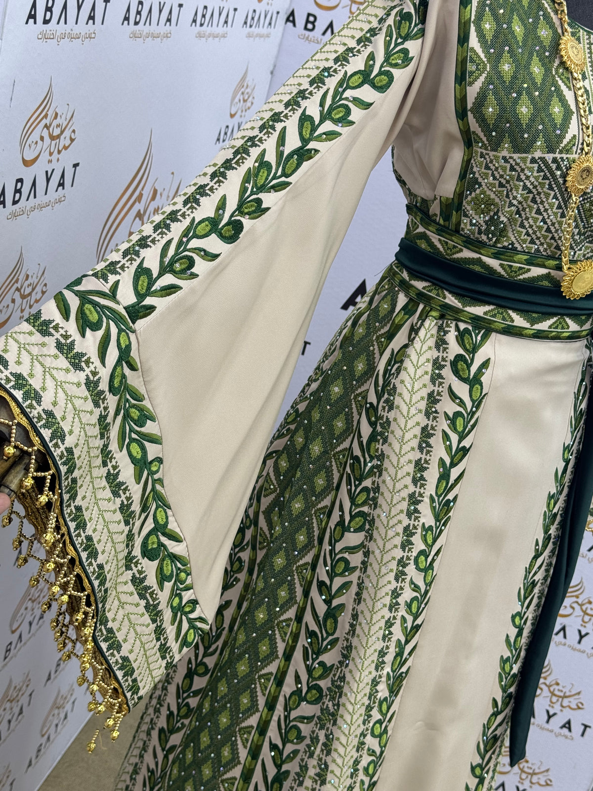 Olive Palestinian Tatreez Kaftan – Emerald Green & Ivory