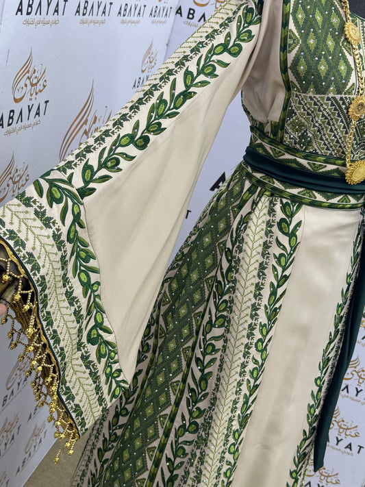 Olive Palestinian Tatreez Kaftan – Emerald Green & Ivory