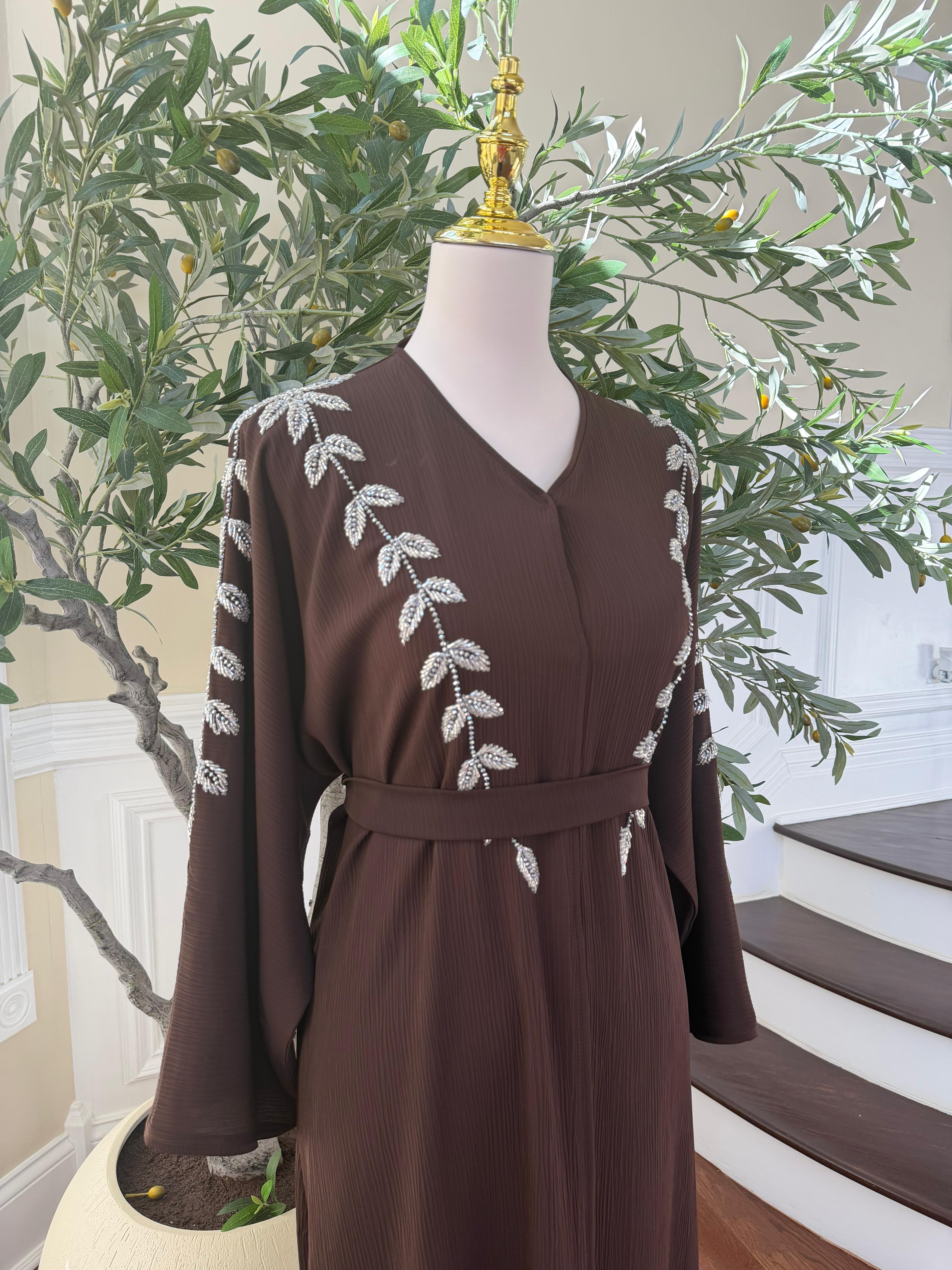 Brown Silver Beaded Essence Abaya