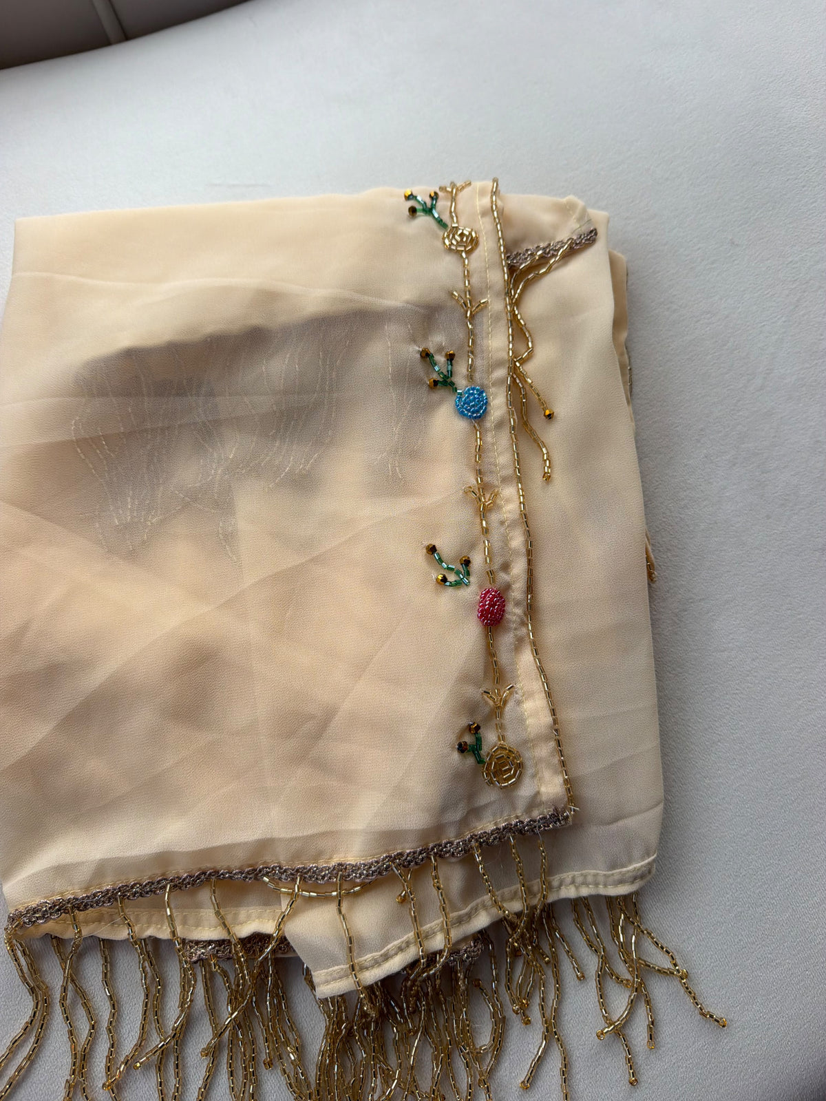 Elegant Cream Sheer Scarf with Delicate Beaded Embroidery and Gold Fringe