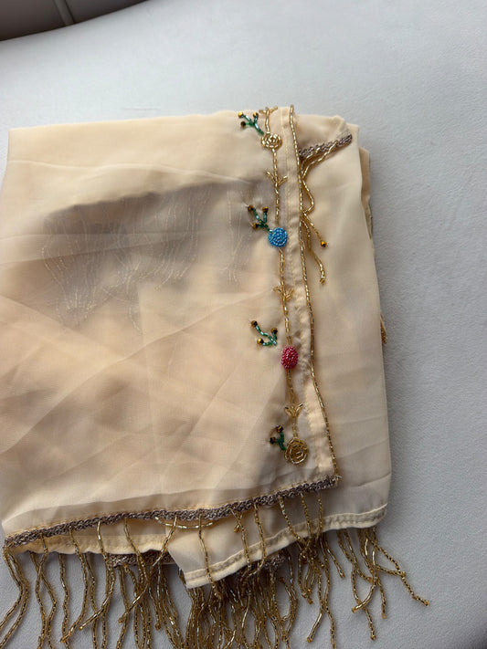 Elegant Cream Sheer Scarf with Delicate Beaded Embroidery and Gold Fringe