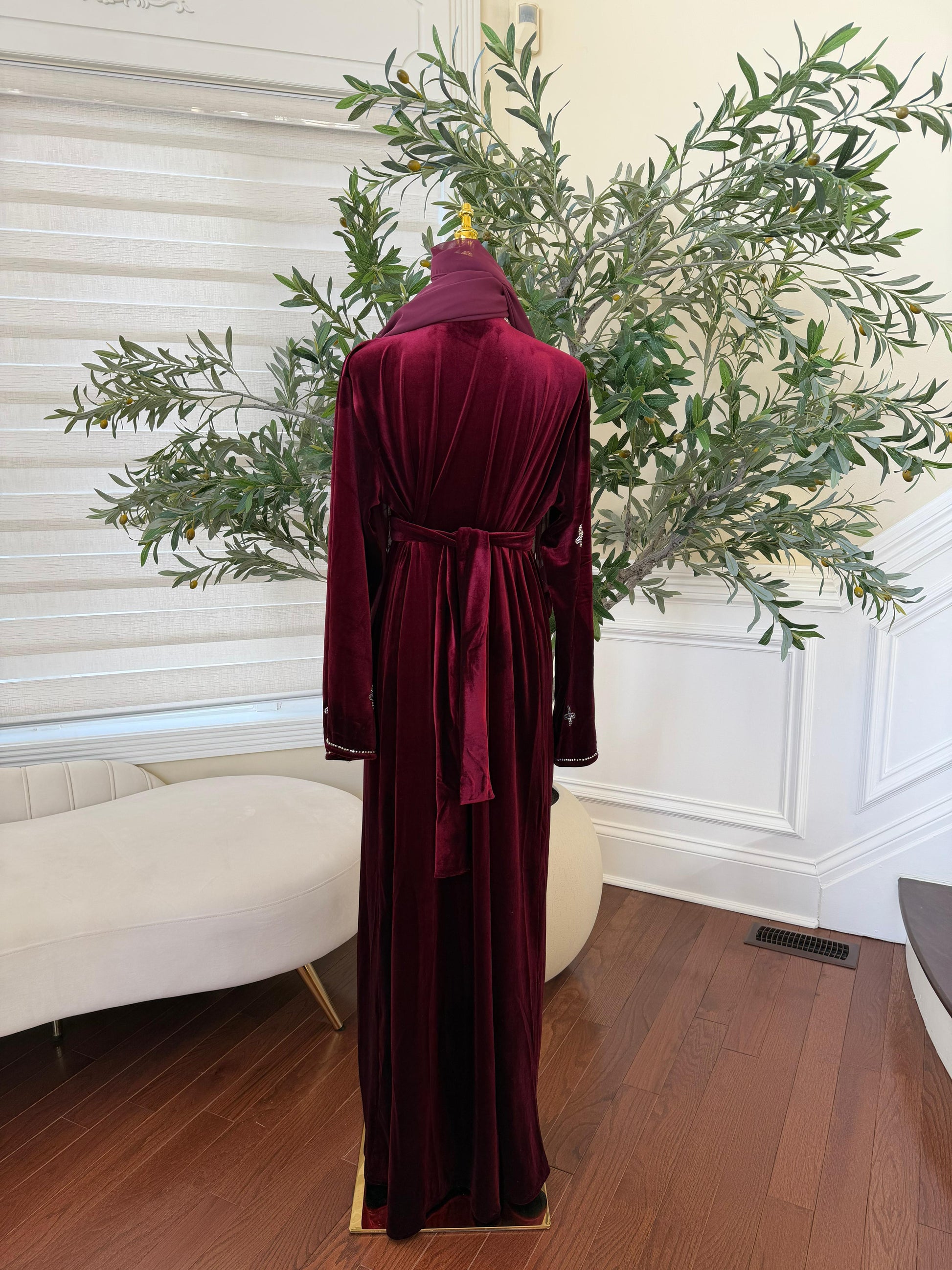 Burgundy Red Crystal Velvet Detailing Abaya