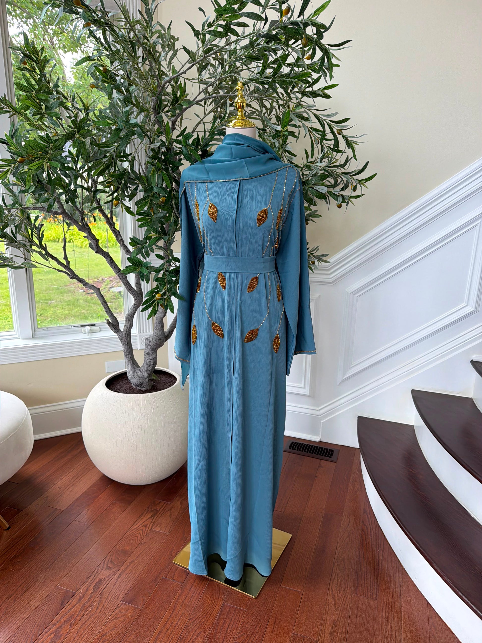 Golden Sky Blue Beaded Abaya