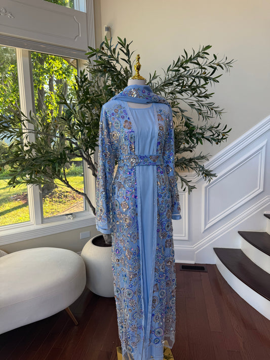 Baby Blue Floral Sequin Essence Abaya