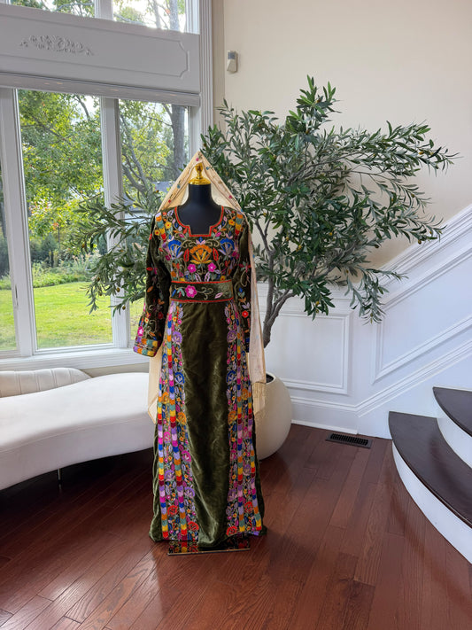 Elegant Olive Green Velvet Thobe with Vibrant Floral Embroidery